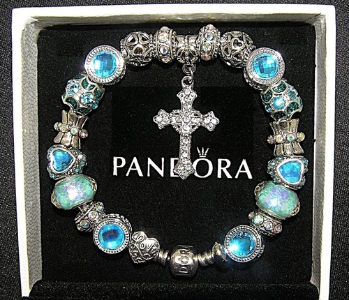 AUTHENTIC Pandora Silver Bracelet With Love's Embrace Cross Blue European Charms