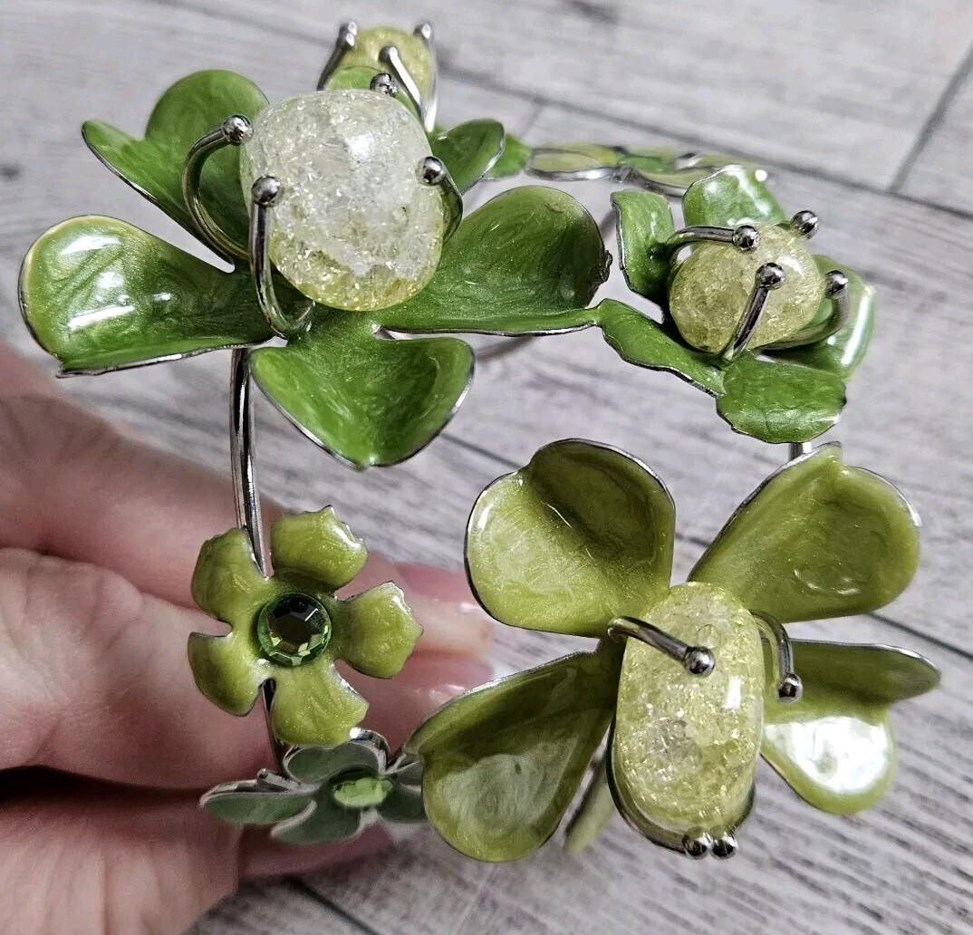 Green Flower Statement Bracelet Large Elamel Flow… - image 9