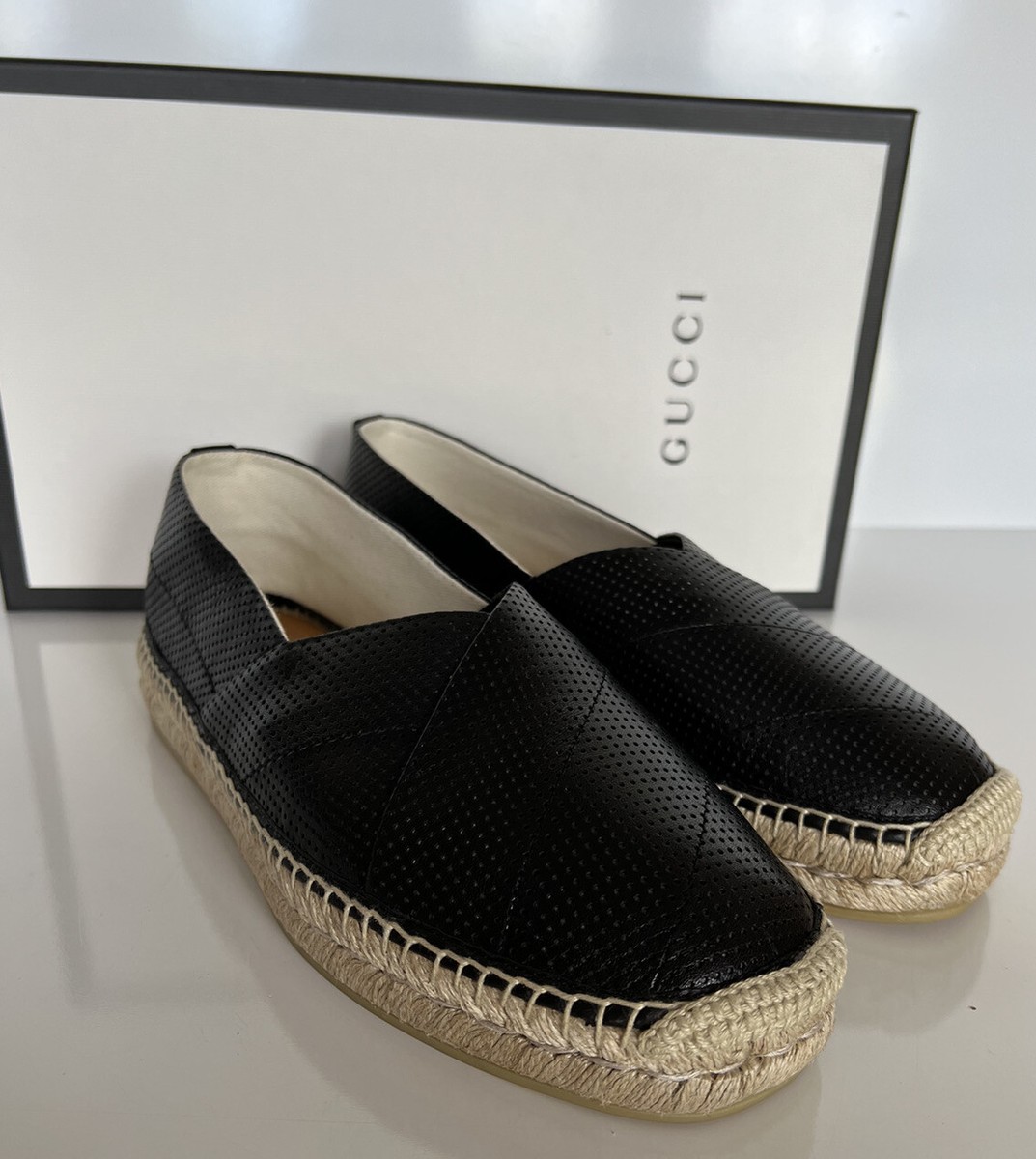NWT Gucci Men's Malaga Classic Leather Black Espadrille 8 US