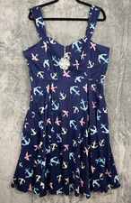 H&R LONDON Dress US 16 Blue Anchor Bird Retro SWING 50'S PINUP ROCKABILLY NEW
