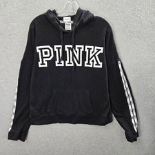 Pink Victorias Secret Women Sweatshirt Medium Black Hoodie Logo Pockets