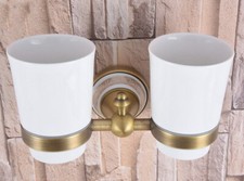 Wall Mounted Bathroom Antique Brass Toothbrush Holder 2 Ceramic Cups 2ba580