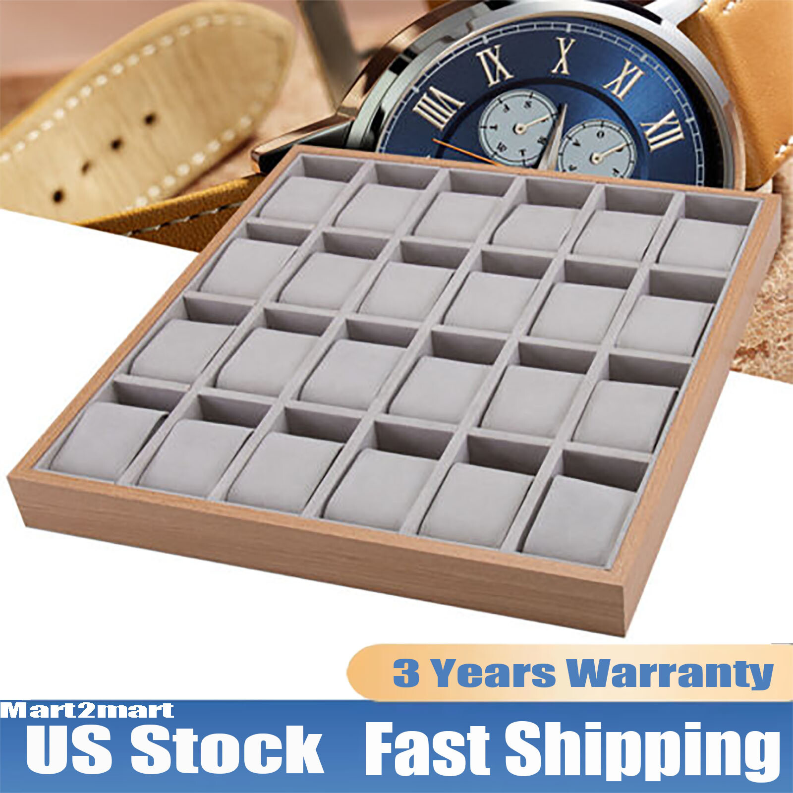 24-Slot Wooden Watch & Jewelry Display Case Organizer Tray Retail