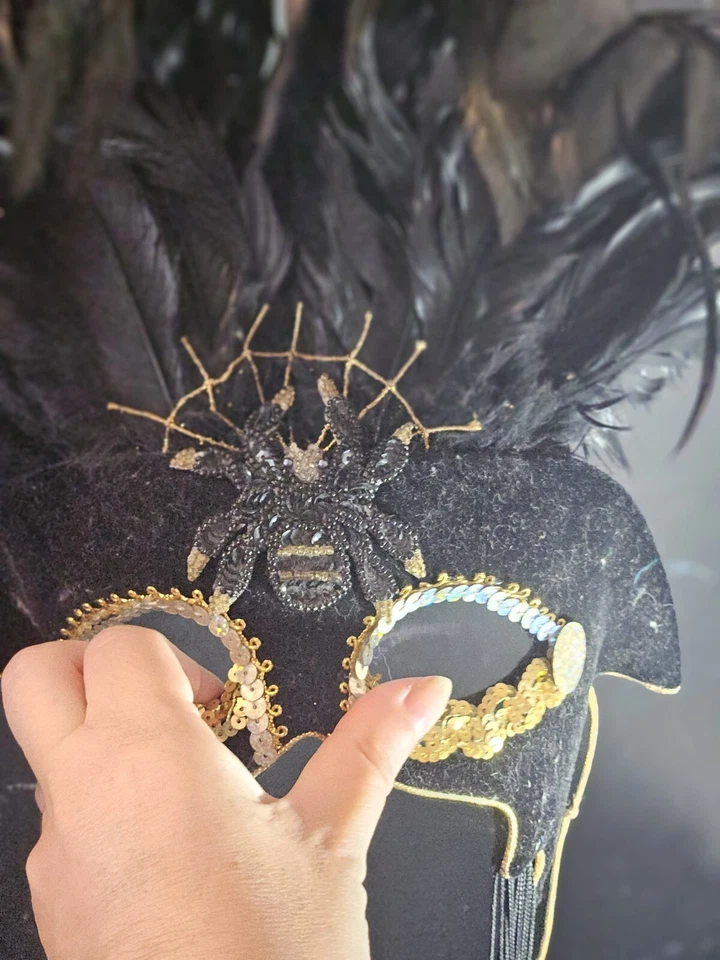 Mardi Gras Authentic New Orleans Feathers Handmade Mask by Kahleen spider Motiff - Image 3 of 4