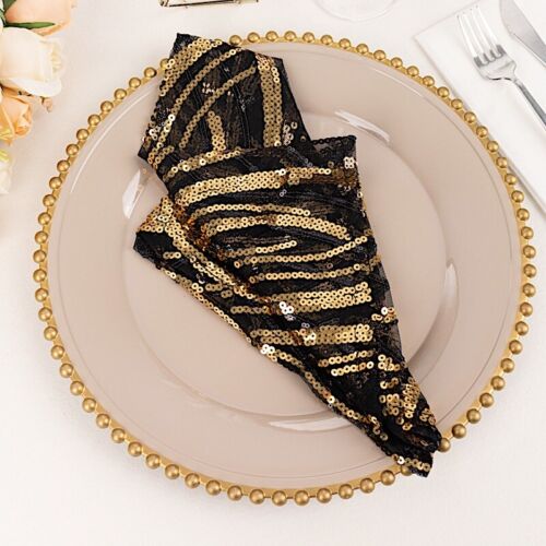 20" x 20" BLACK GOLD Tulle Net Fabric NAPKIN Wavy Embroidered Sequins Party