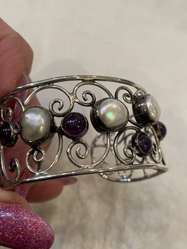 Bracciale Argento Sterling Lavoro Aperto Gioiellato Ametista Crema Perla Coltivata - Foto 3 di 11
