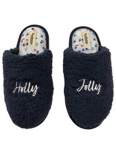 Dearfoams Womens Plush Blue Sherpa Holly Jolly Holiday Slippers Small 5-6 