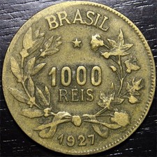 1927 Brazil 1000 Reis Aluminum Bronze World Coin Denomination Within Wreath