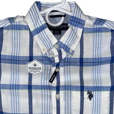 US Polo Assn Mens Small Short Sleeve Plaid Button Down Shirt White Blue New
