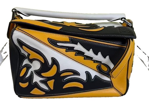 Authentic Loewe Puzzle Small Multicolor Yellow‑Black‑White Applique