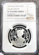 2024 SAN MARINO SILVER 5 EURO COMPOSER GIACOMO PUCCINI NGC PF 70 ULTRA CAMEO