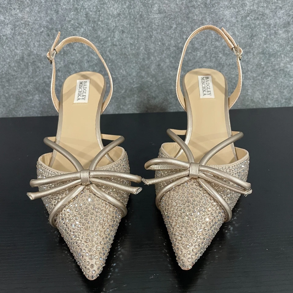 Badgley Mischka Angelina Kitten Heels 9M Champagne Silk Rhinestone Party Wedding - Image 2 of 4