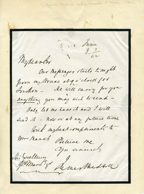 JAMES HUDSON - AUTOGRAPH LETTER SIGNED 08/03/1862