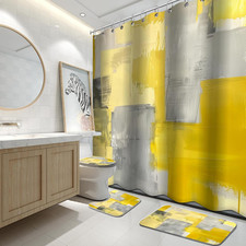4Pcs Bathroom Sets with Shower Curtain and Rugs, Yellow Grey Abstract Bathroom S