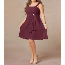 Azazie Olivia A-Line Square Neck Pleated Chiffon Dress in Cabernet Red Size A20