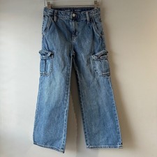 Old Navy Cargo Jeans Kids 8 Blue Excellent Baggy Wide Leg High Rise Tough Denim
