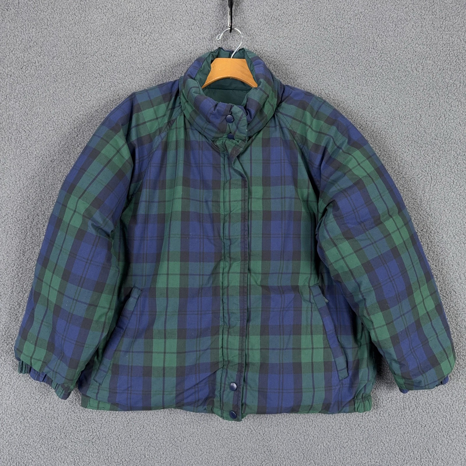 Mens Medium Green Plaid Reversible Goose Down Puffer