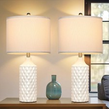 Ceramic Table Lamps Set of 2, White Modern Bedside 25" Nightstand Lamp 3-Way ...