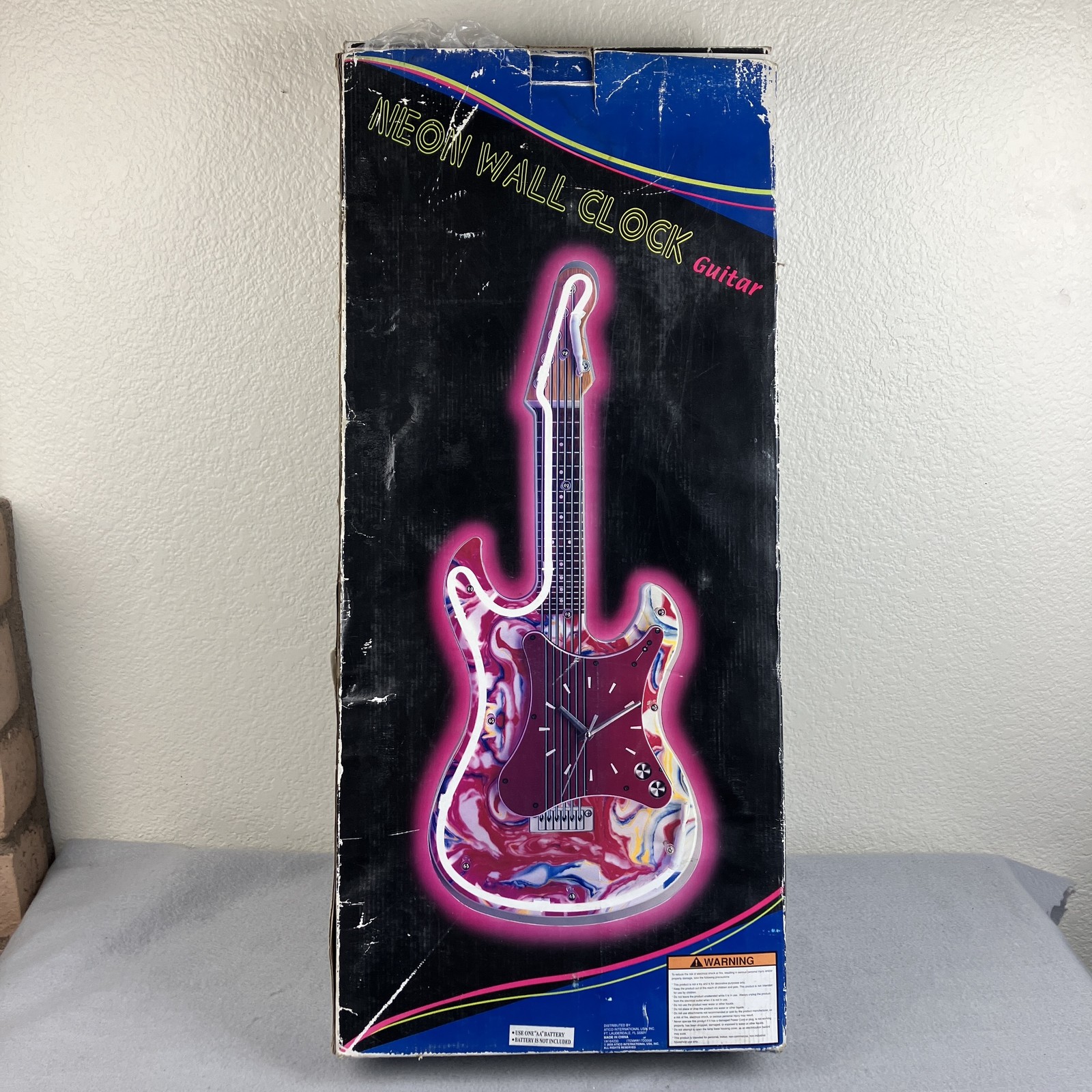 Vintage Neon Wall Clock Guitar Shape Pink Swirl Lights Up Electric Music Decor