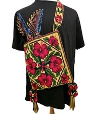 RARE Contemporary Huichol Textile Hand Embroidered Red Buganvillas Yellow Back