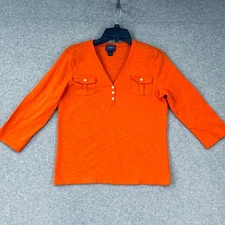Chaps Top Womens M Orange Henley 3/4 Sleeve Textured Knit 100% Cotton Casual