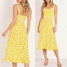 Faithfull the Brand Noemie Dress Size 8 US Yellow Floral Midi Ruffle Hem Smocked