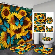 Sunflower Butterfly Waterproof Shower Curtain Bathroom Multiple Size