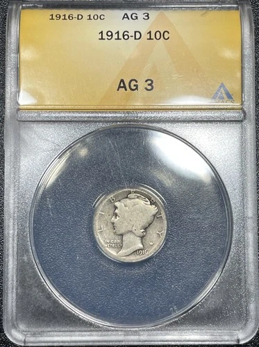 1916-D Mercury Silver Dime ANACS AG3 Key Date