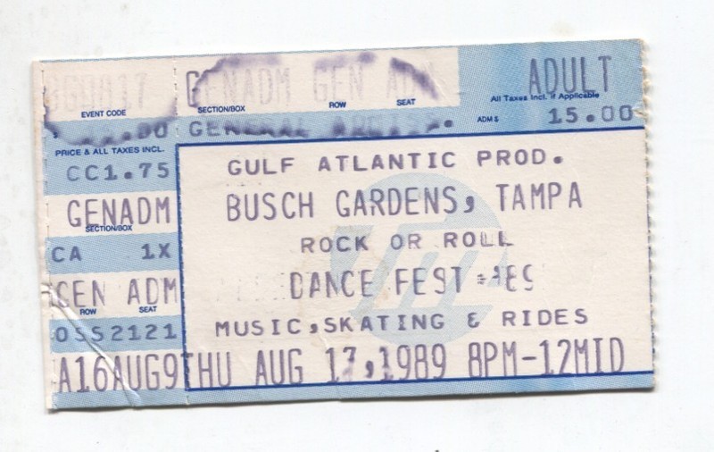 Busch Gardens Tampa Rock & Roll Dance Fest 1989 ticket stub  8/17/1989