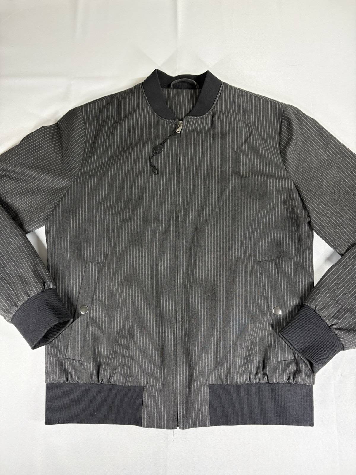 TOPMAN Men’s Black Pinstripe Bomber Jacket Size M Lightweight Full Zip - second product detail image