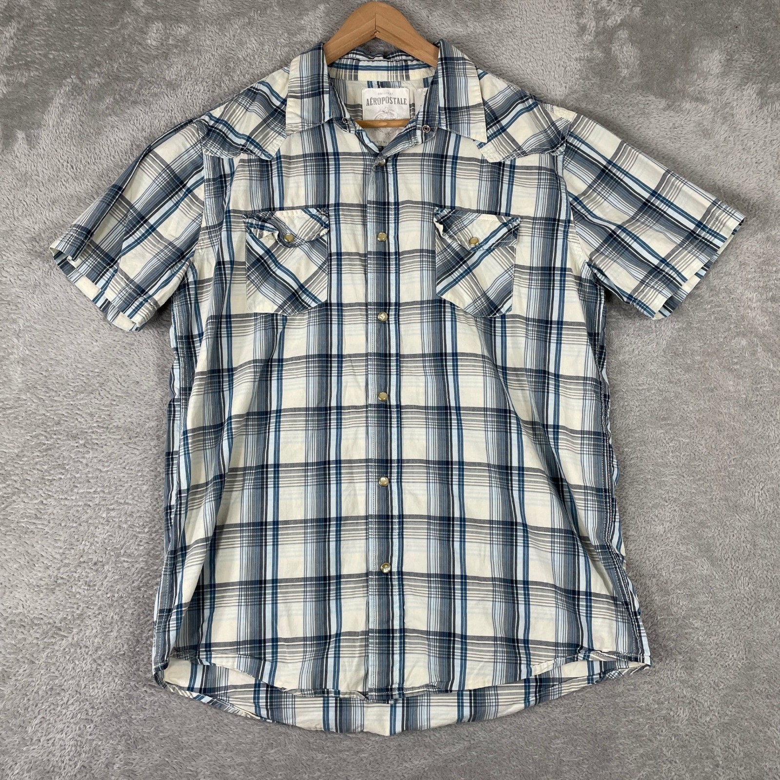 Aeropostale Western Shirt Mens Large Plaid Pearl Snap Short Sleeve Y2K Cowboy