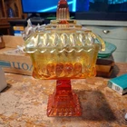 Vtg. Jeanette Red Orange/Amberina Pedestal Wedding Cake Box/Glass Candy Dish