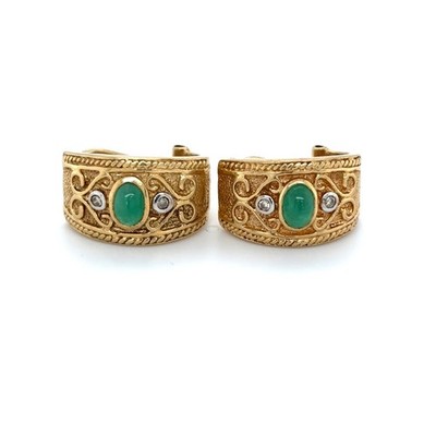 14k Gold Byzantine Etruscan Diamond Emerald Cabochon Pierced Clip Earrings