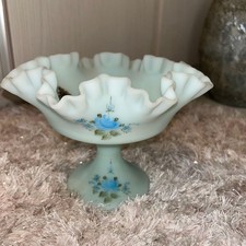 Fenton Vaseline Uranglas Kompott handbemalt blaue Rose signiert McMullen