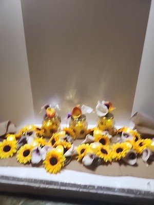 Sunflower Display W/ Lights 70 Inch Burlap 3 Canning Jar 10 Floral Candle Holder