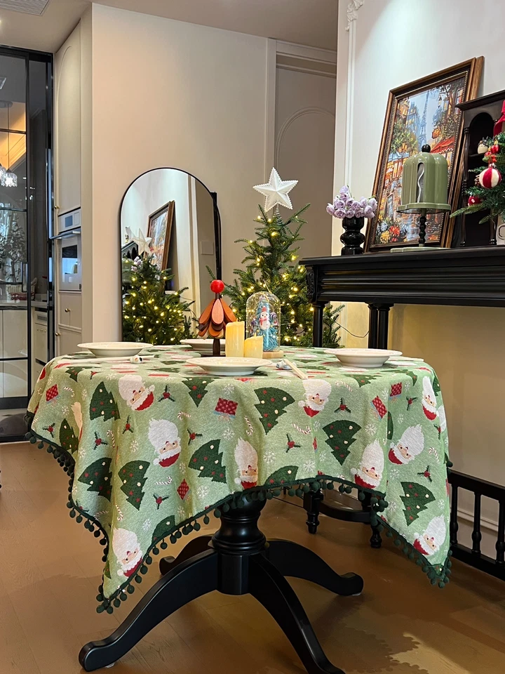 Christmas Trees Santa Reindeer Patchwork Tablecloth Dining Table Cover Pom-pom - Image 2 of 4