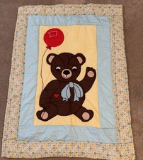 Vintage Teddy Bear Quilt With Balloons Multicolored Crib Blanket 58x42