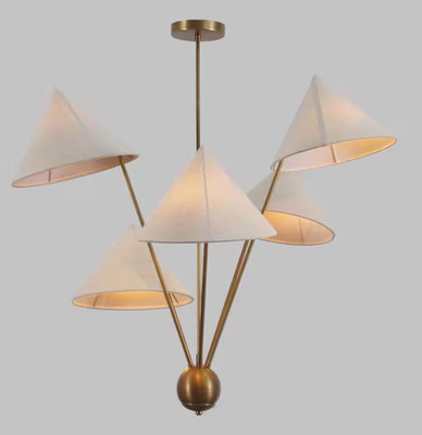 Italian Brass Sputnik Chandelier with 5 Linen Shades   Modern Pendant Light Fixt
