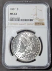 1887 $1 Morgan Silver Dollar NGC Graded MS 62