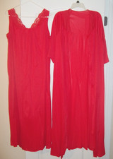 VINTAGE Sans Souci Red PEIGNOIR ENSEMBLE Robe and Nightgown Negligee Set sz L