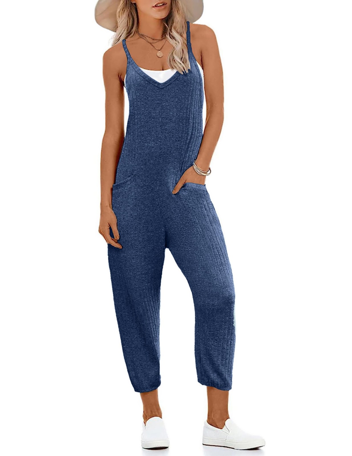 Jumpsuits for Women Summer V Neck Casual Overall Sleeveless with Pockets