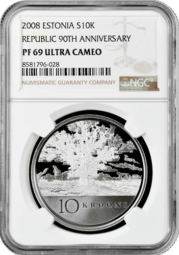 Estonia 10 krooni 2008, NGC PF69 UC, "90th Anniversary of the Estonian Republic"