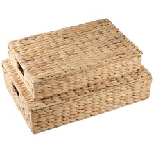 Set of 2 Wicker Baskets with Lid for Organizing - Decorative Storage Boxes With