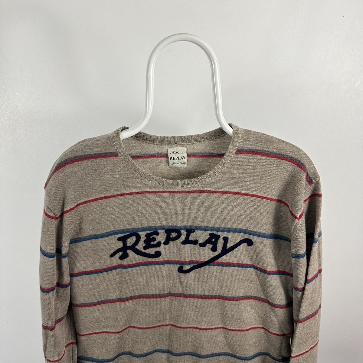 Men's Vintage Replay Beige Knitted Striped Wool Large Jumper UK