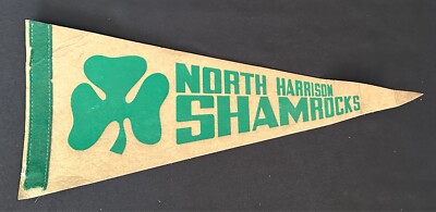 RARE Vintage 1950s NORTH HARRISON SHAMROCKS Green Cream Pennant 17'' School Flag!
