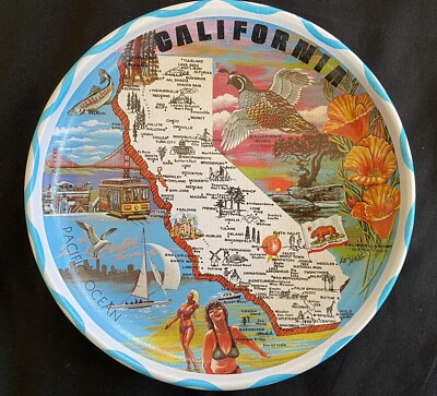 Vintage Ken Haag California State Map Souvenir Metal Tin Tray Dish Small 5.5''