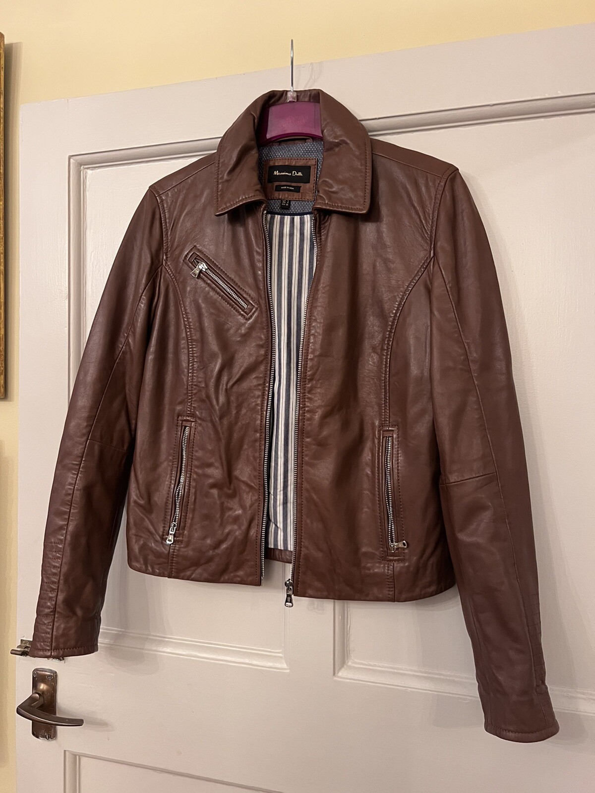 Brand New Massimo Dutti Brown 100percent Genuine Real Soft Leather Biker Jacket Size S image 3