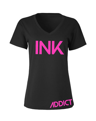 NEW InkAddict WOMENS INK SLIM FIT V-NECK Tee Shirt BLACK/PINK SM-3XL MADE IN USA
