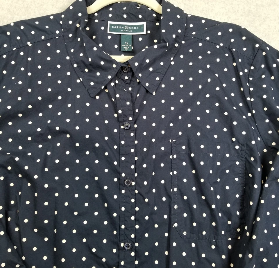 Camisa con botones KAREN SCOTT para mujer 3X Plus azul blanco lunares mangas largas Foto 2 de 4