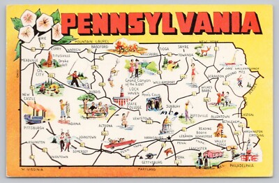 Postcard Pennsylvania Map Card, Posted 1961, Mountain Laurel Flower